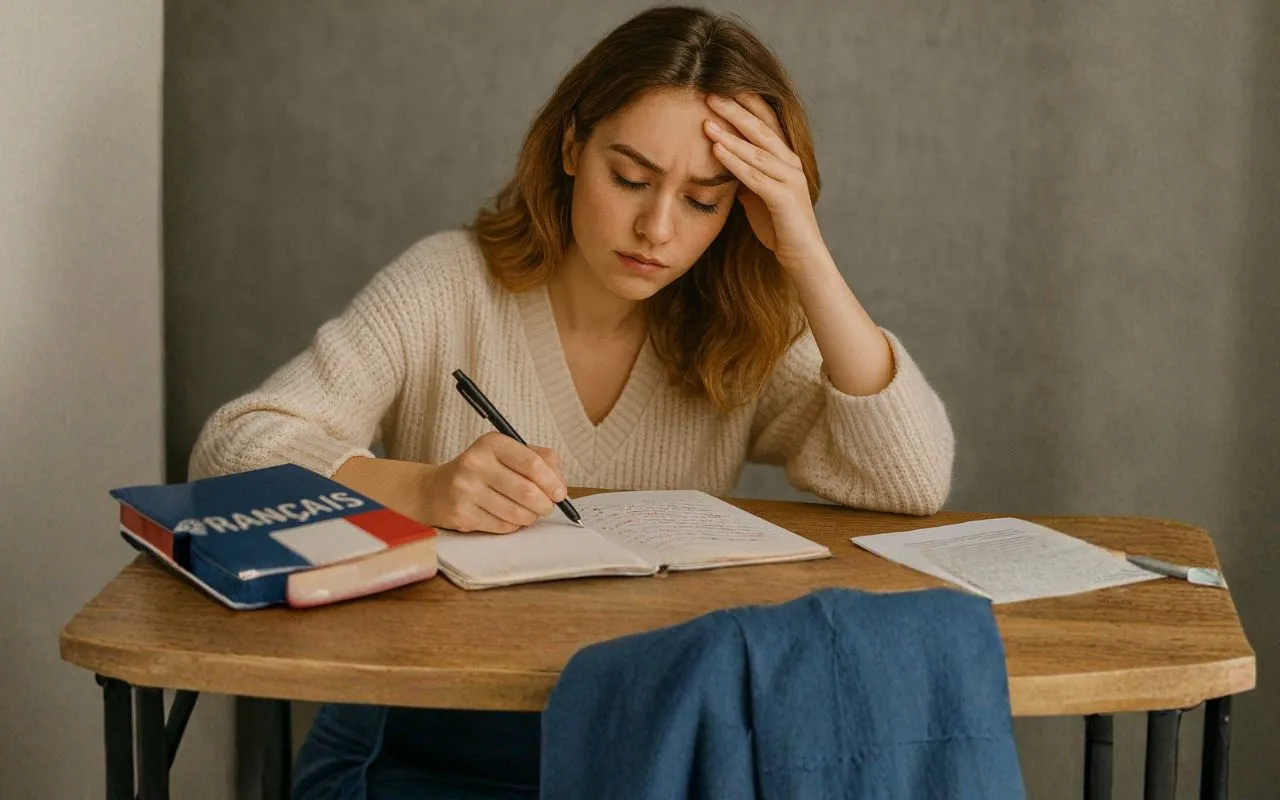 A1–A2 French learner studying with frustration at a desk, illustrating the common mistakes beginners make.